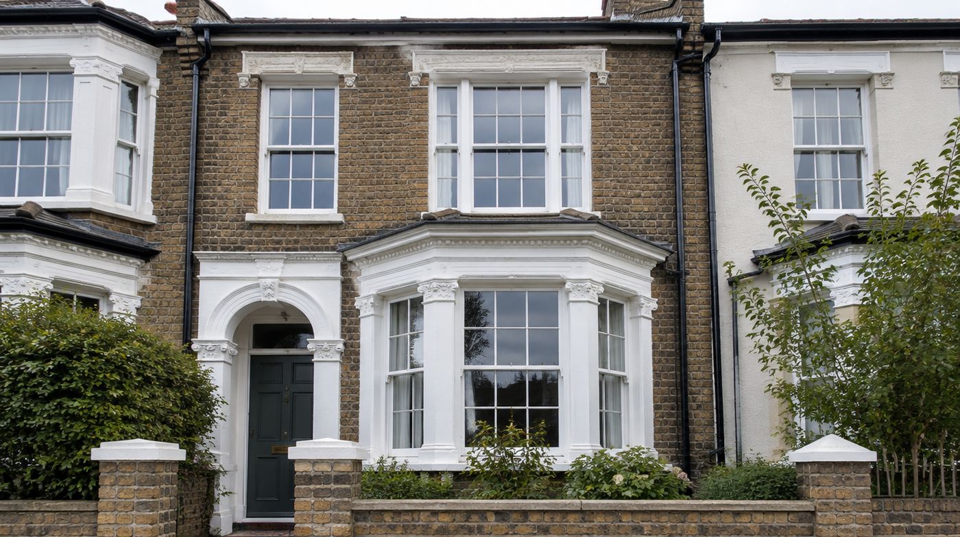 A Victorian London terrace with original timber box sash windows and glazing bars