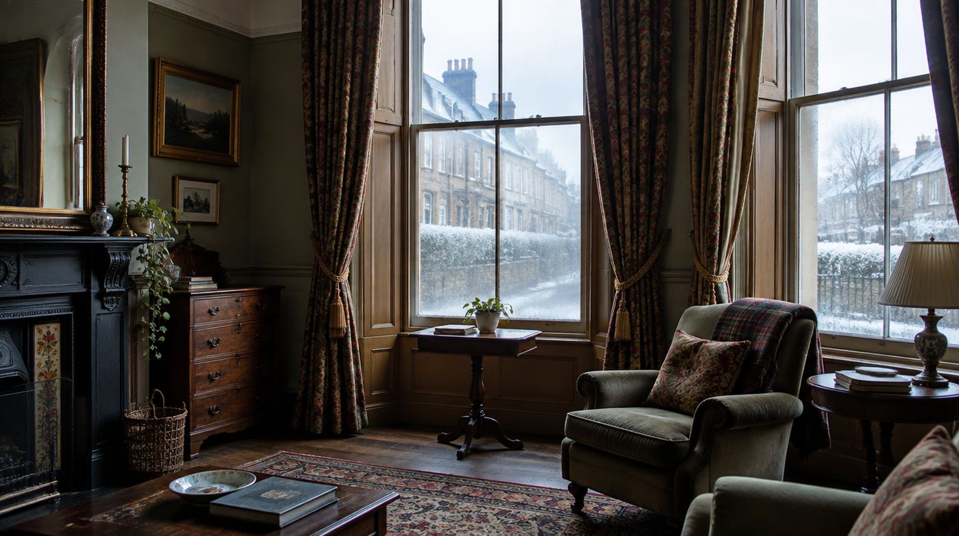 A Victorian room on a cold morning with tall single glazed sash windows and a frosty street outside