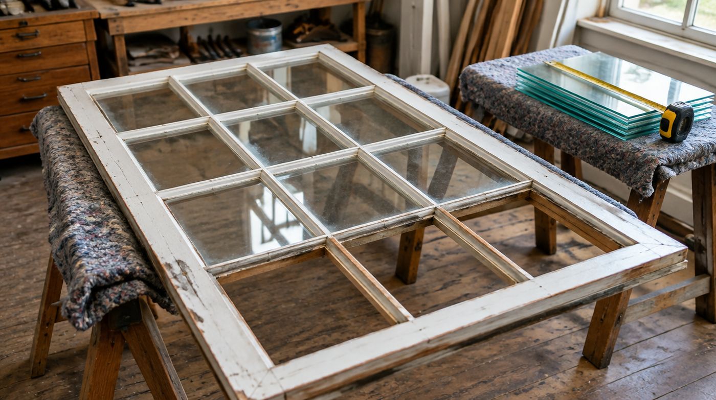 A Georgian multi-pane sash on trestles with two panes removed and replacement glass stacked beside it