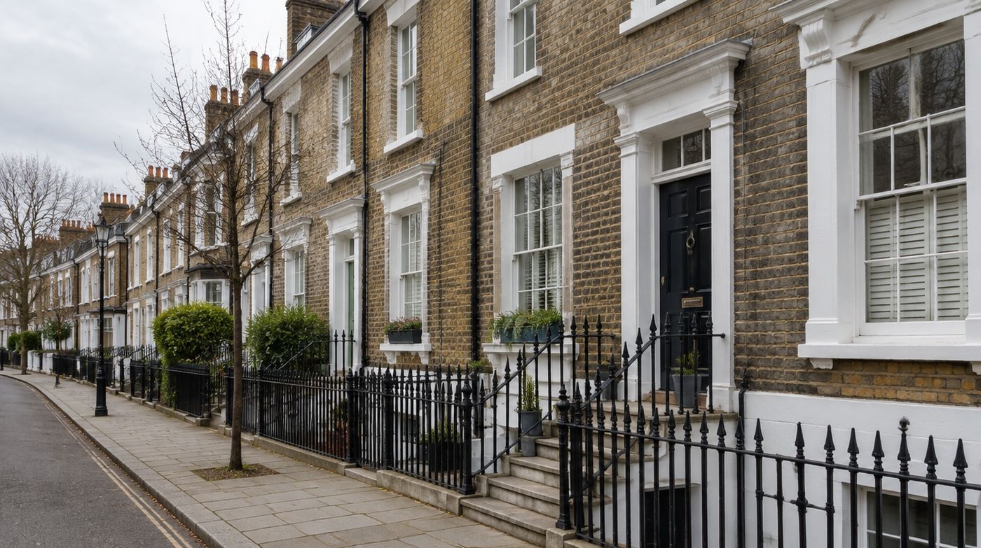 A London terraced street of period houses with timber sash windows and iron railings
