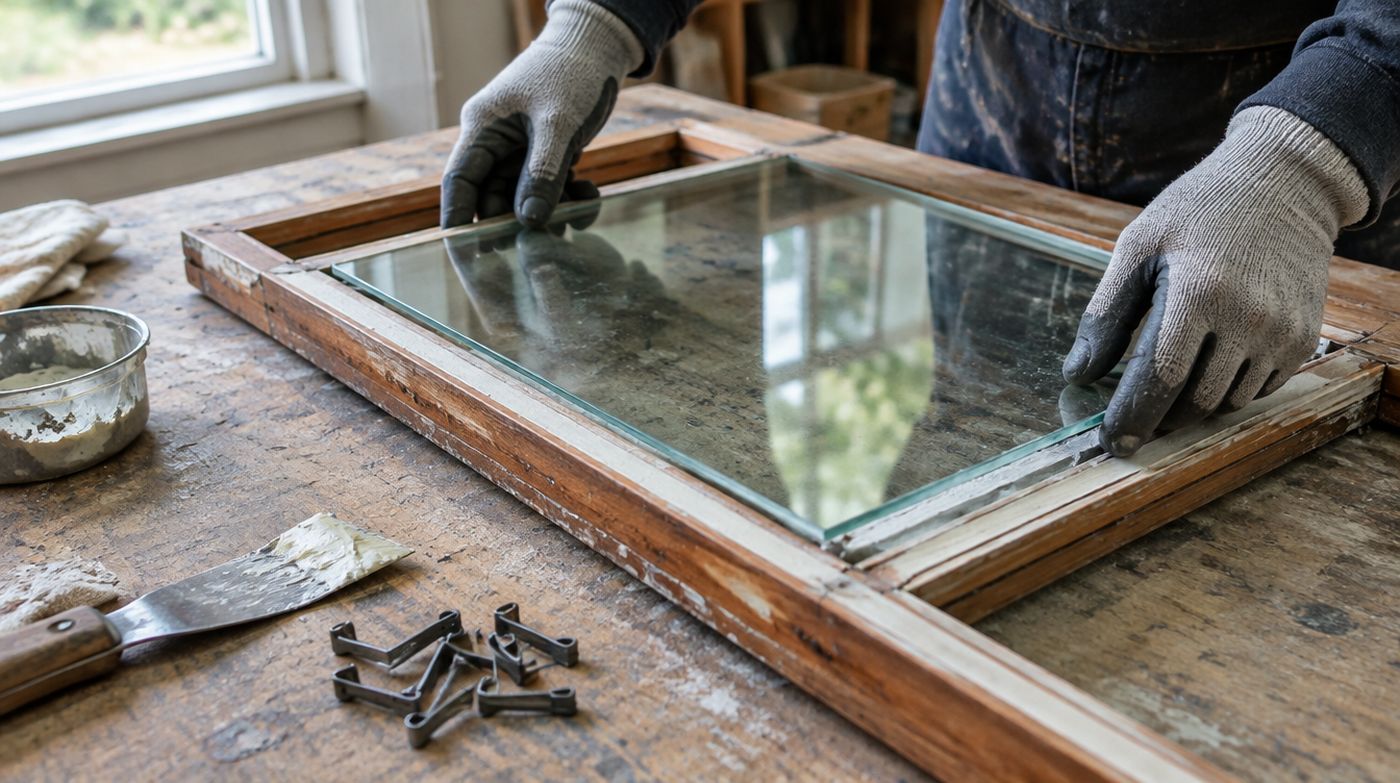A pane being reglazed into a timber sash, with glazing sprigs and a putty knife on the bench
