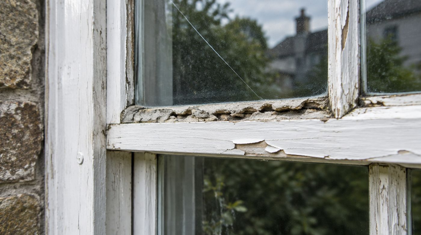A timber sash in need of repair, with cracked putty, flaking paint and a hairline crack in one pane