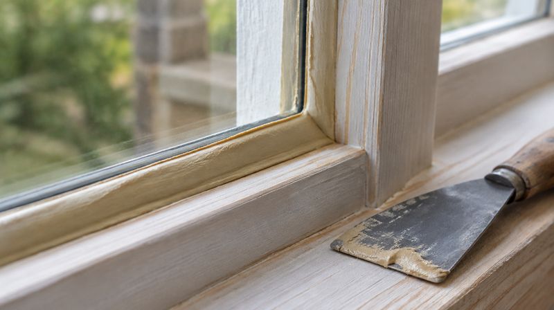 Fresh linseed oil putty being formed into a fillet around a pane in a timber sash