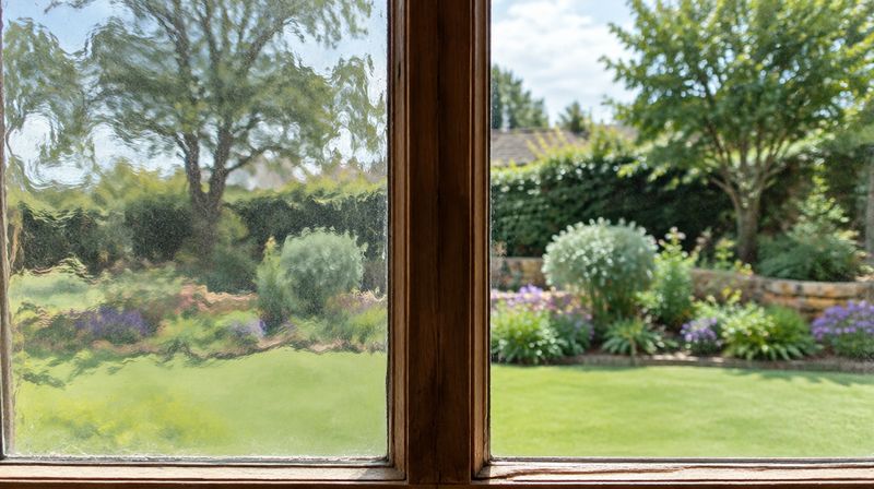 The gentle ripple of restoration glass beside a flat modern pane in the same window