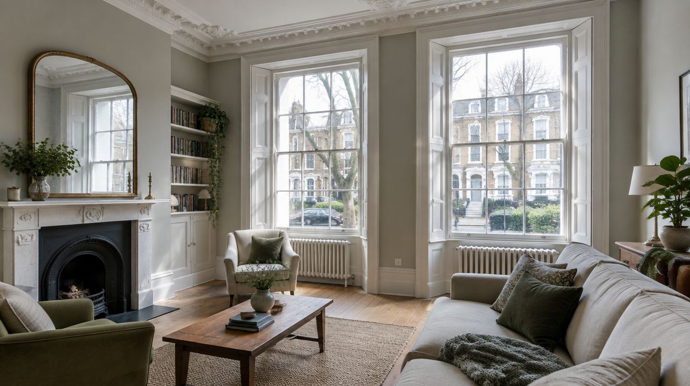 A bright Victorian room with tall original sash windows and folded back shutters
