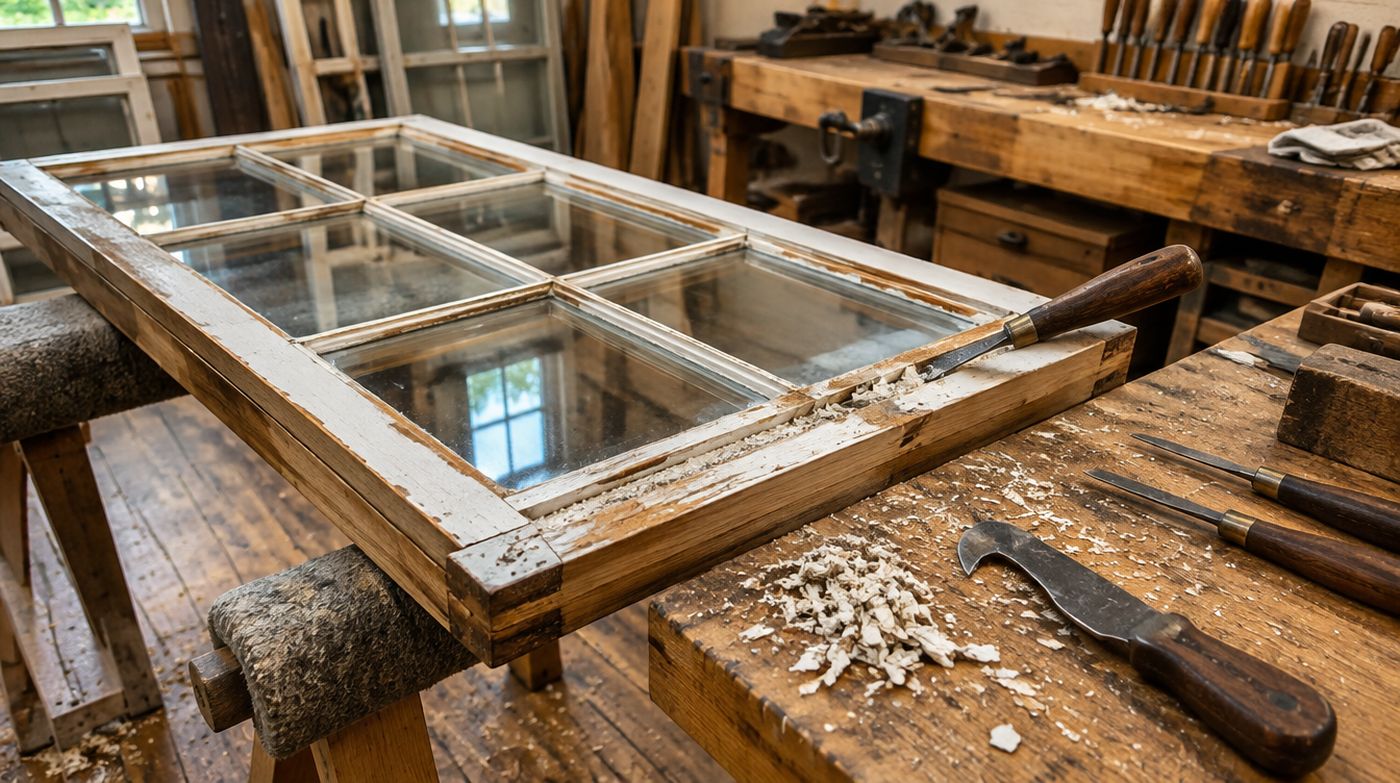 A timber sash window on trestles in a workshop with the old putty being raked out
